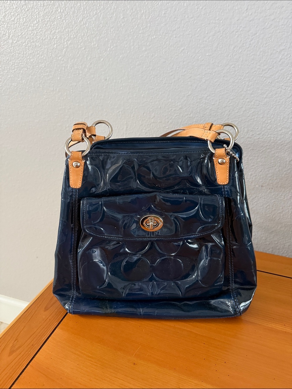 Coach Navy Patent Shoulder Bag with Tan Trim